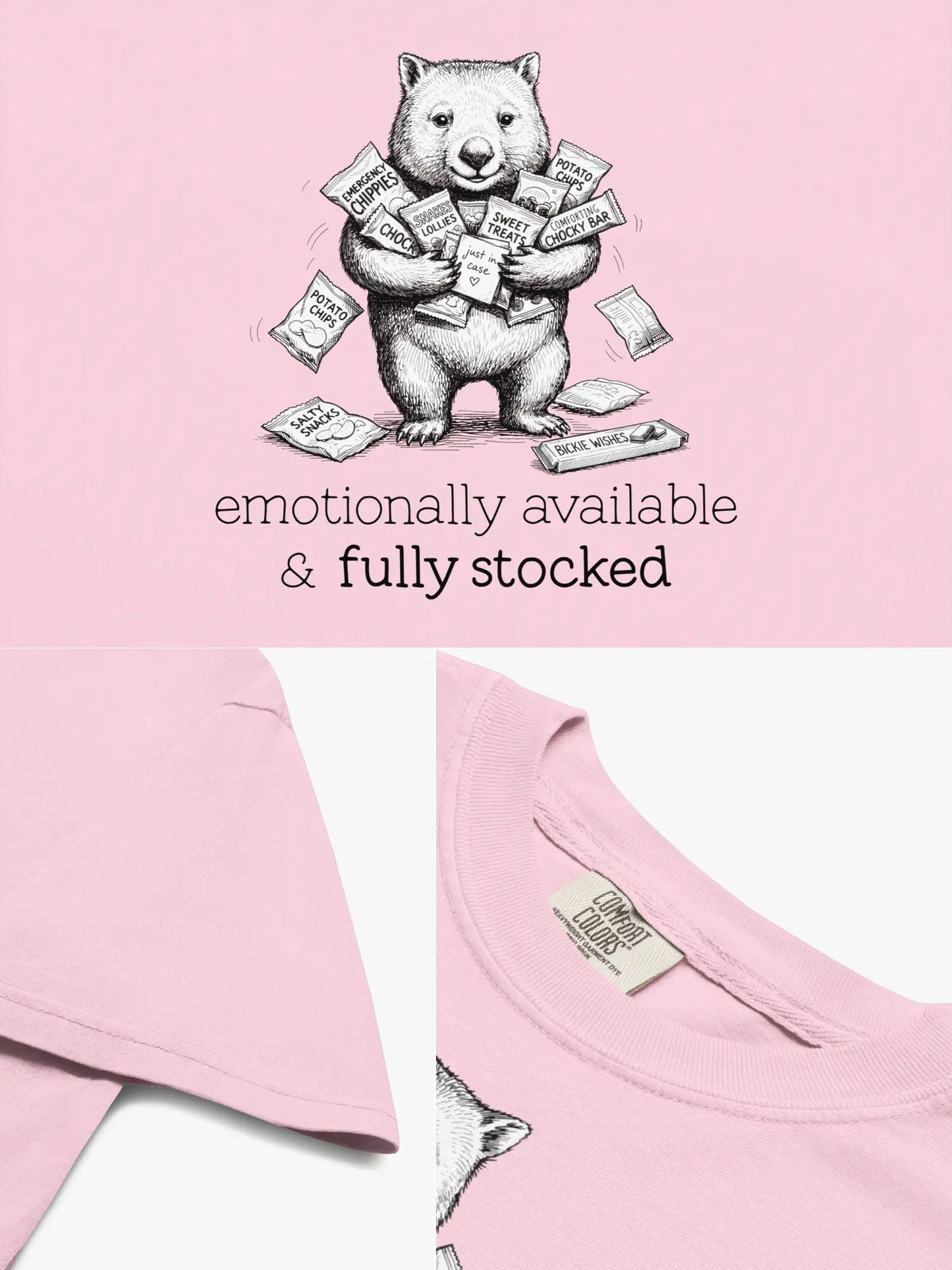 Close-up details of the Snack Support Wombat t-shirt in blossom showing print texture, folded view, and collar