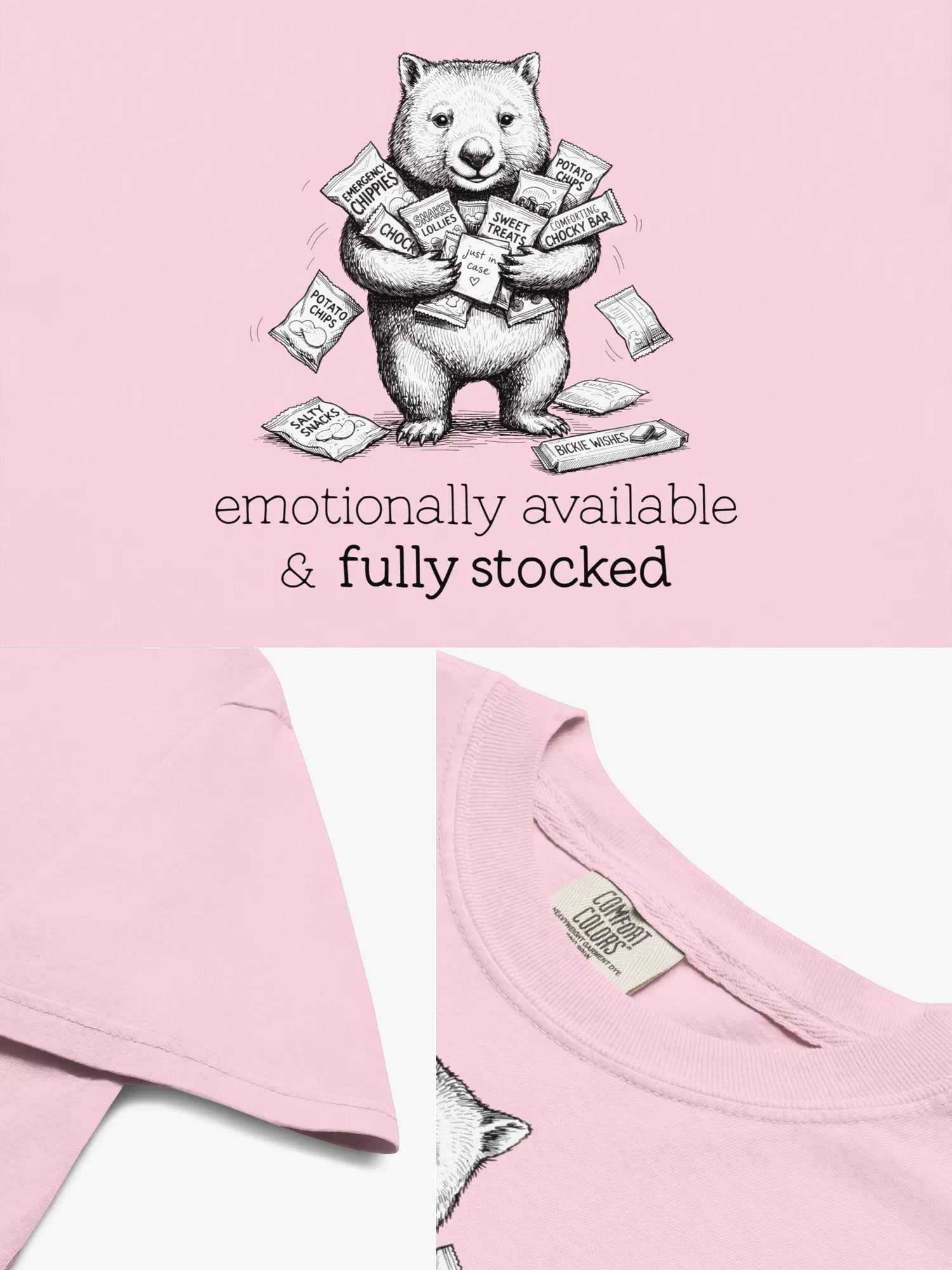 Close-up details of the Snack Support Wombat t-shirt in blossom showing print texture, folded view, and collar