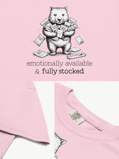 Close-up details of the Snack Support Wombat t-shirt in blossom showing print texture, folded view, and collar