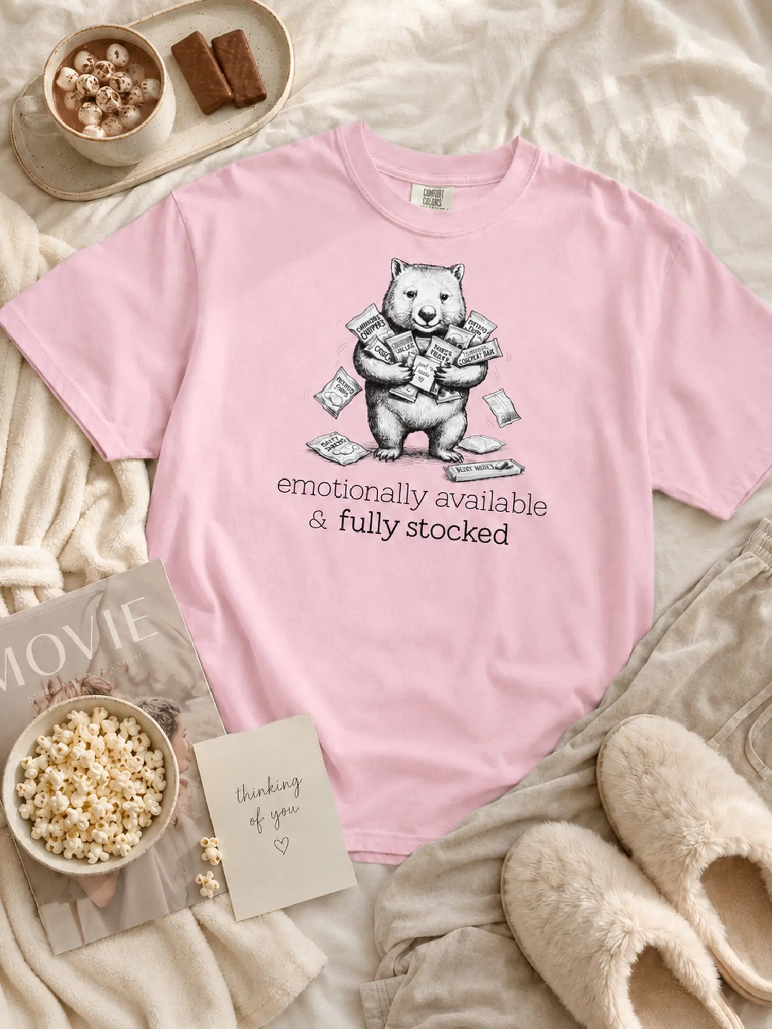 Snack Support Wombat t-shirt in blossom styled flat lay
