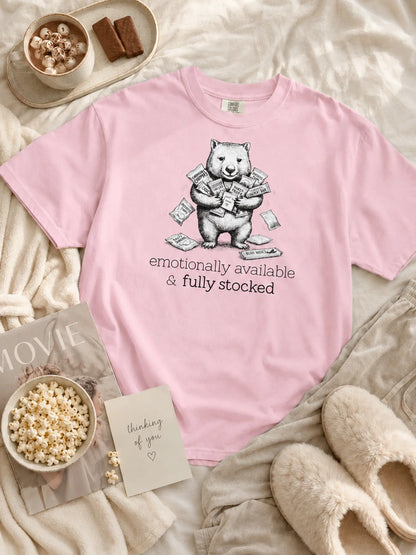 Snack Support Wombat t-shirt in blossom styled flat lay