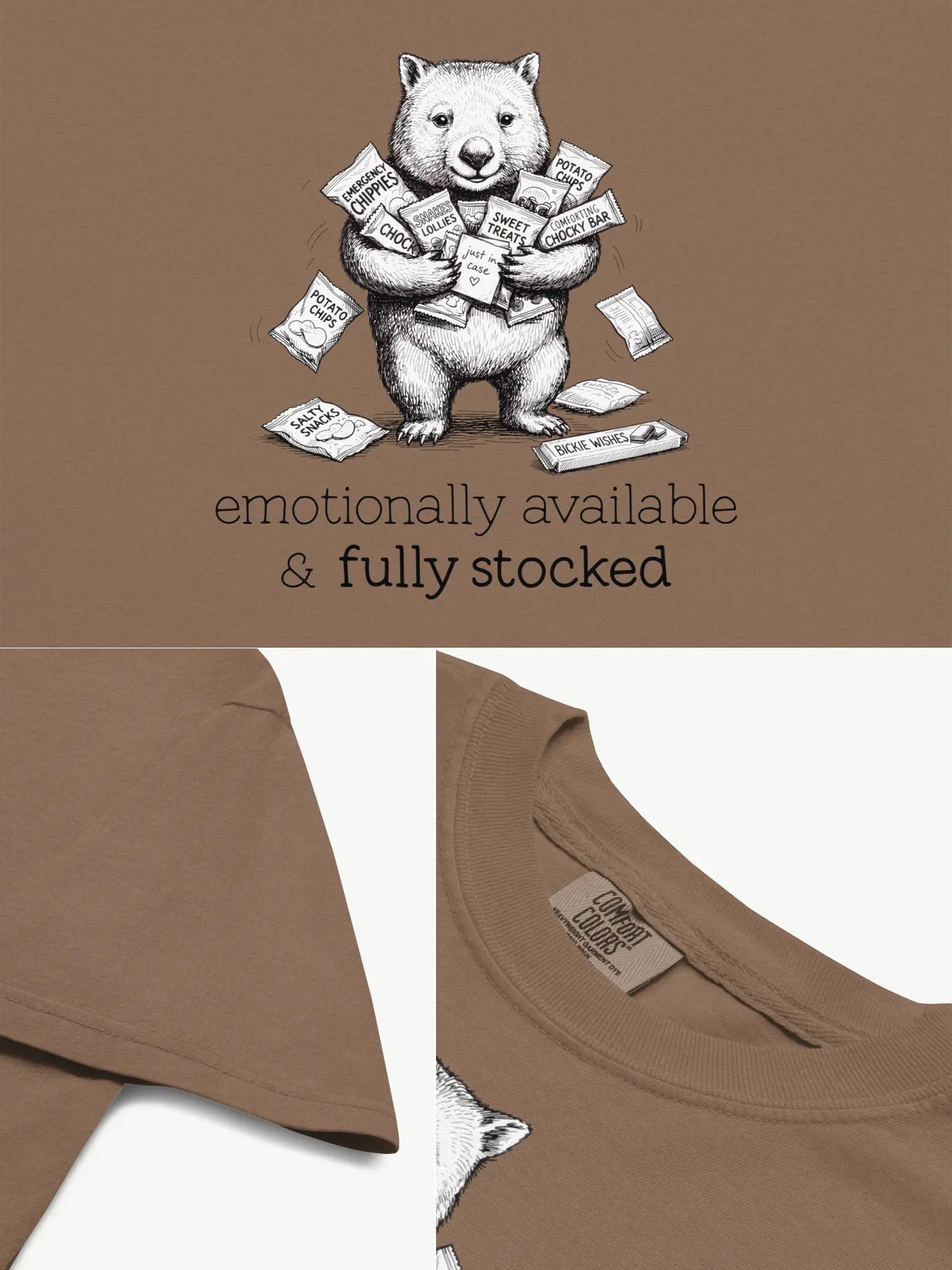 Close-up details of the Snack Support Wombat t-shirt in espresso showing print texture, folded view, and collar