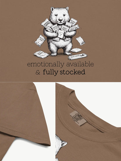 Close-up details of the Snack Support Wombat t-shirt in espresso showing print texture, folded view, and collar