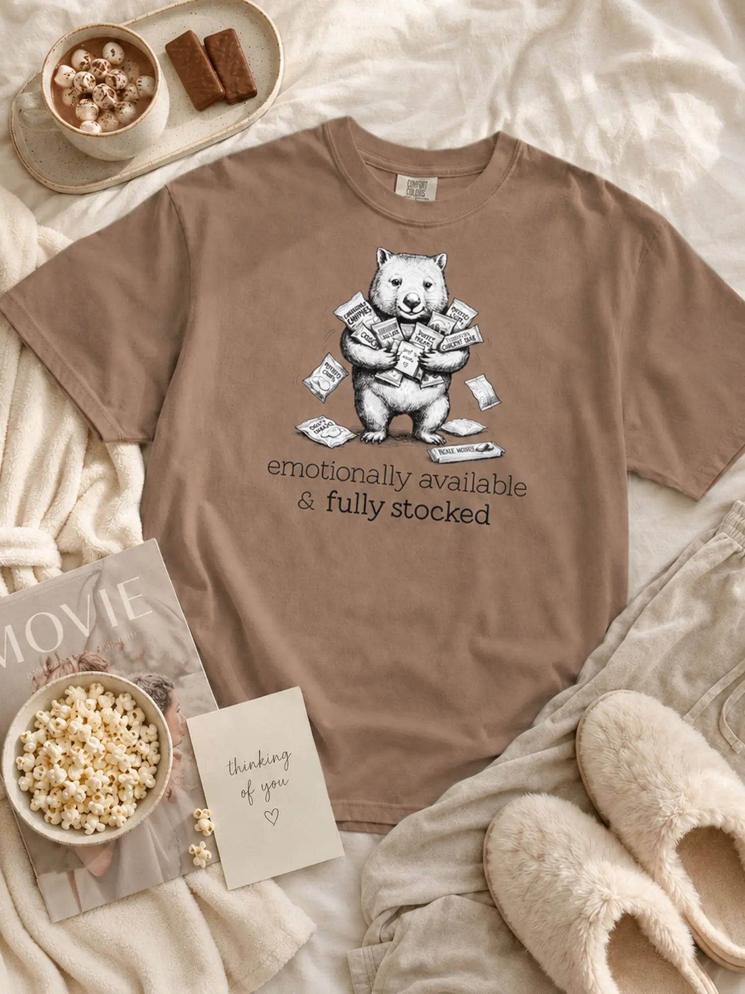 Snack Support Wombat t-shirt in espresso styled flat lay