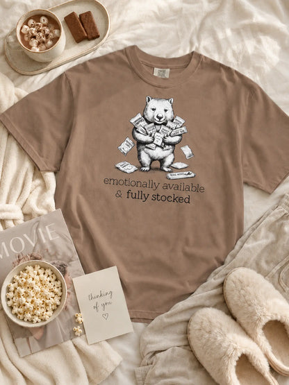 Snack Support Wombat t-shirt in espresso styled flat lay