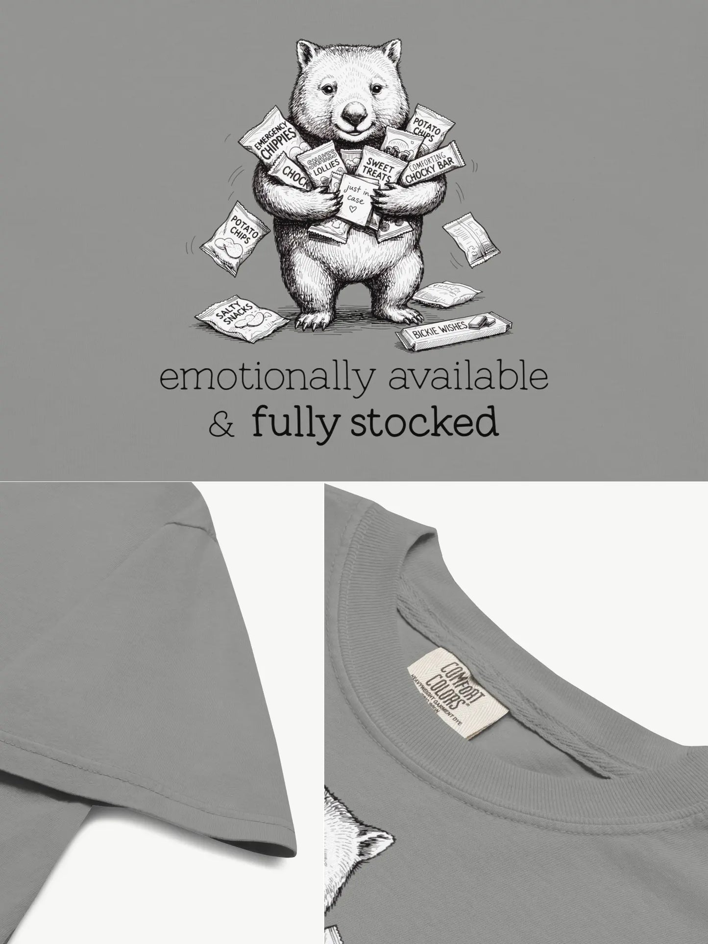 Close-up details of the Snack Support Wombat t-shirt in grey showing print texture, folded view, and collar