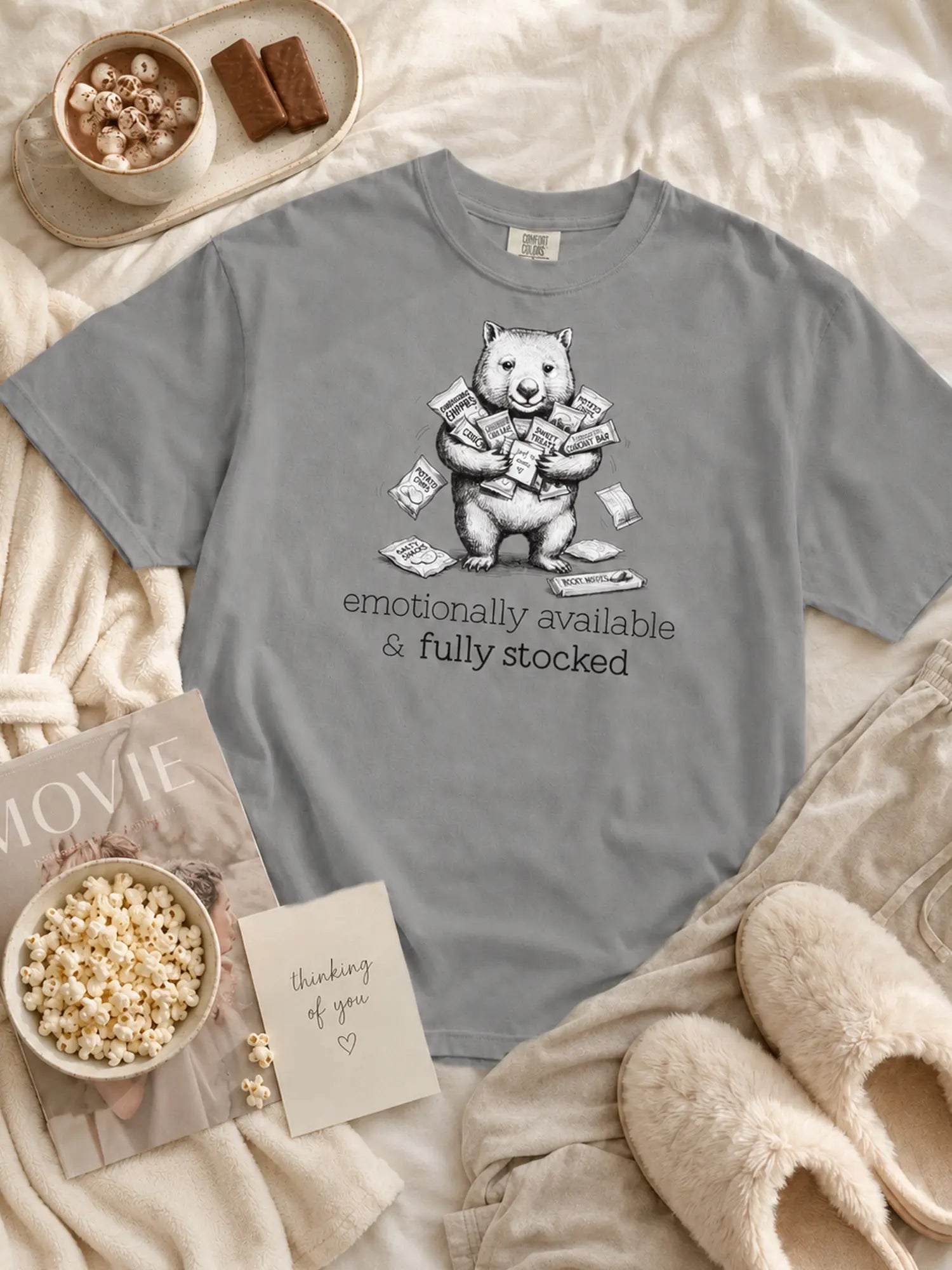 Snack Support Wombat t-shirt in grey styled flat lay