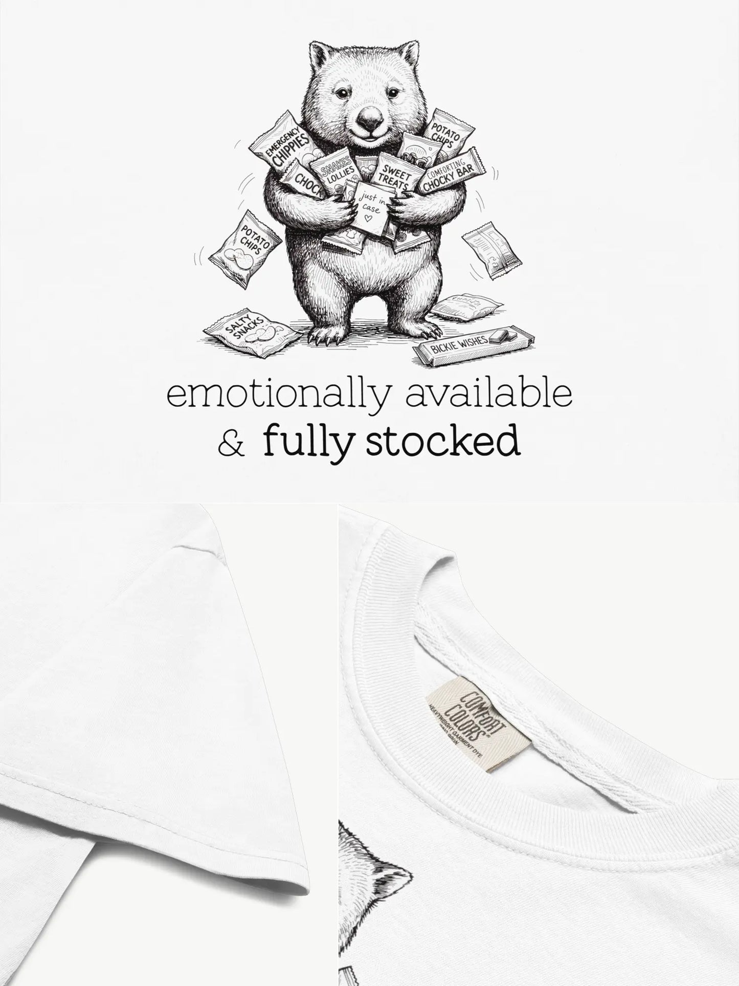 Close-up details of the Snack Support Wombat t-shirt in white showing print texture, folded view, and collar