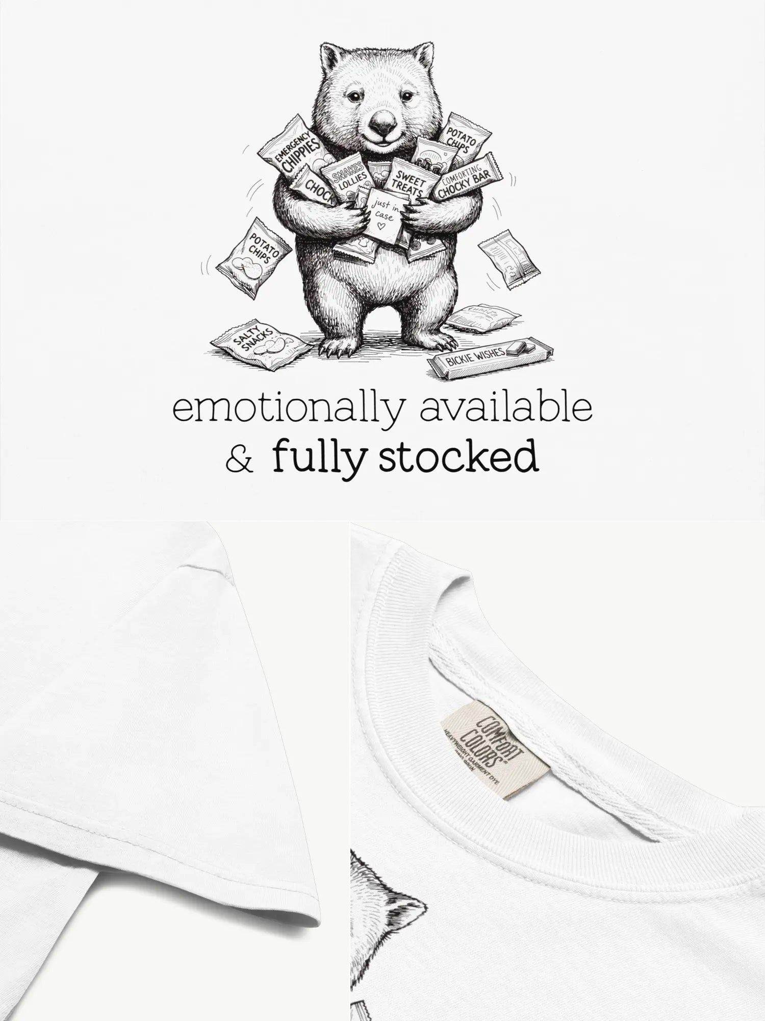 Close-up details of the Snack Support Wombat t-shirt in white showing print texture, folded view, and collar