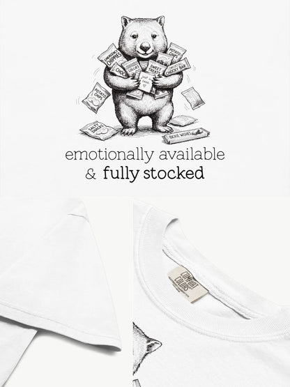 Close-up details of the Snack Support Wombat t-shirt in white showing print texture, folded view, and collar