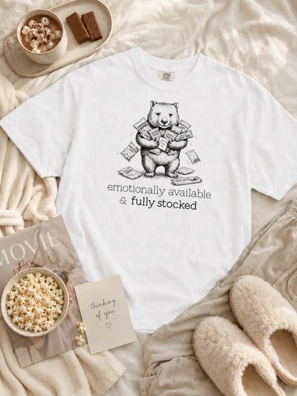 Snack Support Wombat t-shirt in white styled flat lay